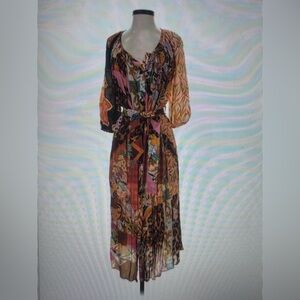 Geisha Designs Floral & Animal Print Belted Midi Dress, Size Medium.